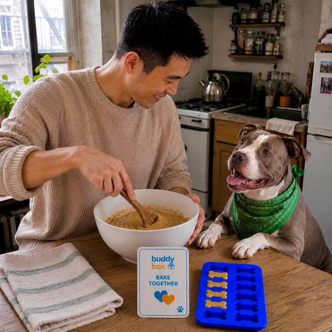 Dog watching homemade treat batter being mixed in a kitchen